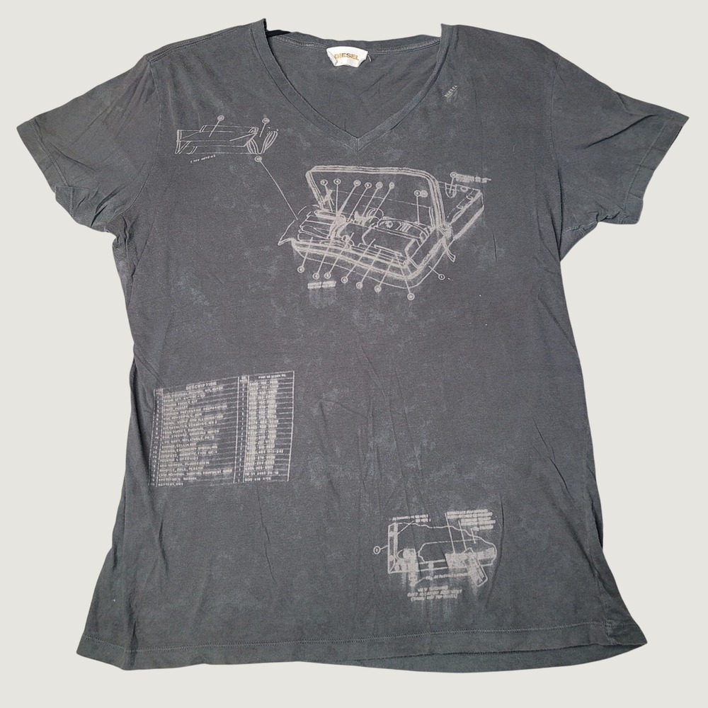Diesel Mens V-Neck T-Shirt Faded Black Schematic Graphic Print Short Sleeve Tee - Picture 1 of 7